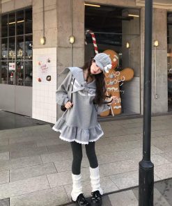 Korean Style Pumpkin Ruffled Lace Hem Sweatshirt Dress with Sailor Collar and Bow Tie for Girls