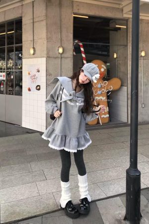 Korean Style Pumpkin Ruffled Lace Hem Sweatshirt Dress with Sailor Collar and Bow Tie for Girls