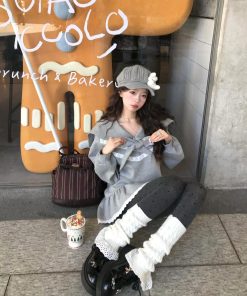 Korean Style Pumpkin Ruffled Lace Hem Sweatshirt Dress with Sailor Collar and Bow Tie for Girls