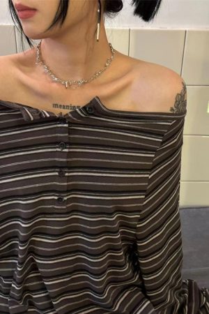 Korean Style Pumpkin Striped Loose Off-Shoulder Long Sleeve Knitted T-Shirt for Women - Cozy Lazy Day Fashion