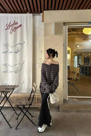 Korean Style Pumpkin Striped Loose Off-Shoulder Long Sleeve Knitted T-Shirt for Women - Cozy Lazy Day Fashion