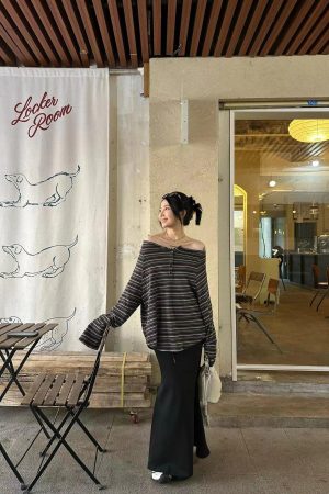 Korean Style Pumpkin Striped Loose Off-Shoulder Long Sleeve Knitted T-Shirt for Women - Cozy Lazy Day Fashion
