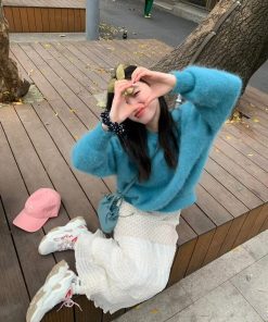 Korean Style Pumpkin Thick Warm Mink Cashmere Sweater for Women, Loose Fit Winter Knit Top