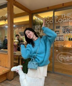 Korean Style Pumpkin Thick Warm Mink Cashmere Sweater for Women, Loose Fit Winter Knit Top