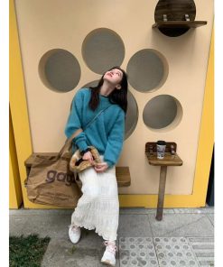 Korean Style Pumpkin Thick Warm Mink Cashmere Sweater for Women, Loose Fit Winter Knit Top