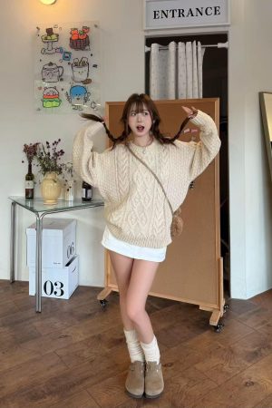 Korean Style Pumpkin Twisted Yarn Coarse Knit Sweater for Women, Vintage Cable Knit Loose Layered Top