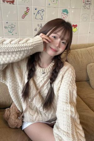 Korean Style Pumpkin Twisted Yarn Coarse Knit Sweater for Women, Vintage Cable Knit Loose Layered Top