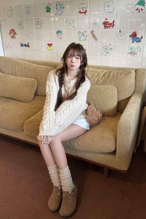 Korean Style Pumpkin Twisted Yarn Coarse Knit Sweater for Women, Vintage Cable Knit Loose Layered Top