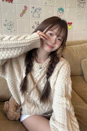 Korean Style Pumpkin Twisted Yarn Coarse Knit Sweater for Women, Vintage Cable Knit Loose Layered Top