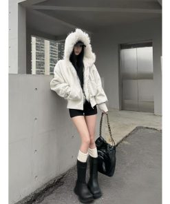 Korean Style Pumpkin White Fur Collar Thickened Short Hooded Cardigan Women's Sweatshirt Jacket