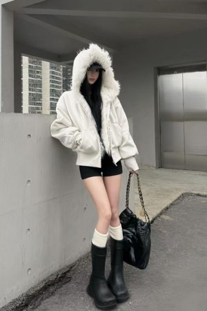 Korean Style Pumpkin White Fur Collar Thickened Short Hooded Cardigan Women's Sweatshirt Jacket