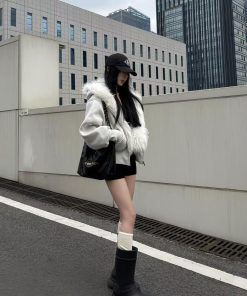 Korean Style Pumpkin White Fur Collar Thickened Short Hooded Cardigan Women's Sweatshirt Jacket