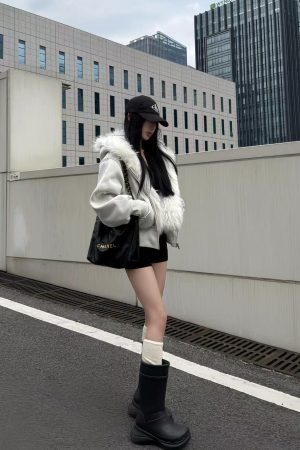Korean Style Pumpkin White Fur Collar Thickened Short Hooded Cardigan Women's Sweatshirt Jacket