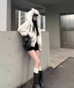 Korean Style Pumpkin White Fur Collar Thickened Short Hooded Cardigan Women's Sweatshirt Jacket