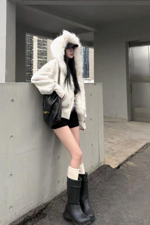 Korean Style Pumpkin White Fur Collar Thickened Short Hooded Cardigan Women's Sweatshirt Jacket