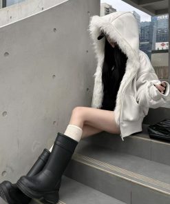 Korean Style Pumpkin White Fur Collar Thickened Short Hooded Cardigan Women's Sweatshirt Jacket