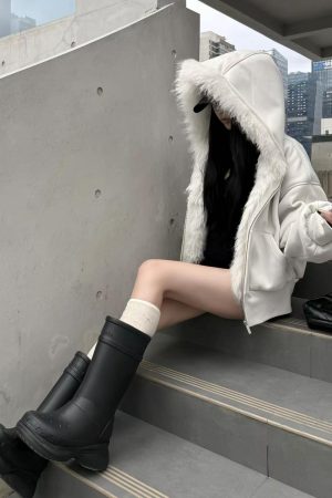 Korean Style Pumpkin White Fur Collar Thickened Short Hooded Cardigan Women's Sweatshirt Jacket