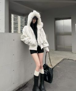 Korean Style Pumpkin White Fur Collar Thickened Short Hooded Cardigan Women's Sweatshirt Jacket