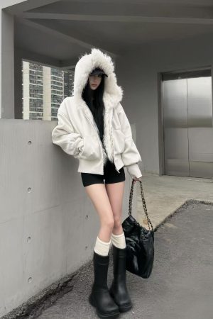 Korean Style Pumpkin White Fur Collar Thickened Short Hooded Cardigan Women's Sweatshirt Jacket