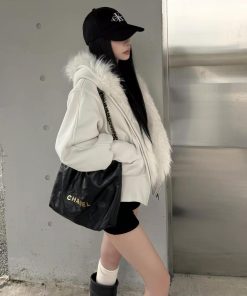 Korean Style Pumpkin White Fur Collar Thickened Short Hooded Cardigan Women's Sweatshirt Jacket