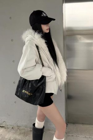 Korean Style Pumpkin White Fur Collar Thickened Short Hooded Cardigan Women's Sweatshirt Jacket