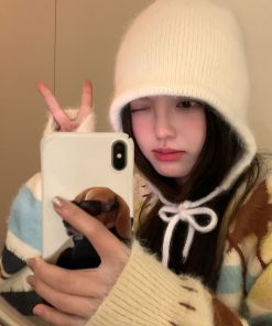 Korean Style Rabbit Fur Plush Pom-Pom Knitted Wool Hat for Women - Warm Autumn Winter Ear Protection & Versatile Fashion Accessory