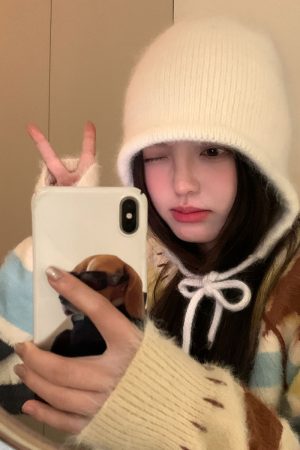 Korean Style Rabbit Fur Plush Pom-Pom Knitted Wool Hat for Women - Warm Autumn Winter Ear Protection & Versatile Fashion Accessory