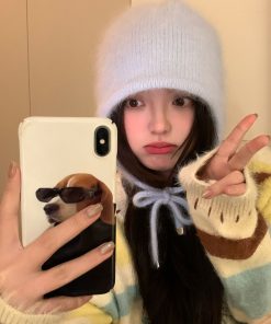 Korean Style Rabbit Fur Plush Pom-Pom Knitted Wool Hat for Women - Warm Autumn Winter Ear Protection & Versatile Fashion Accessory