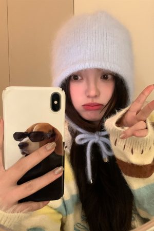 Korean Style Rabbit Fur Plush Pom-Pom Knitted Wool Hat for Women - Warm Autumn Winter Ear Protection & Versatile Fashion Accessory