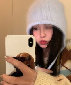 Korean Style Rabbit Fur Plush Pom-Pom Knitted Wool Hat for Women - Warm Autumn Winter Ear Protection & Versatile Fashion Accessory