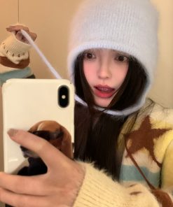 Korean Style Rabbit Fur Plush Pom-Pom Knitted Wool Hat for Women - Warm Autumn Winter Ear Protection & Versatile Fashion Accessory