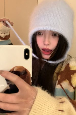 Korean Style Rabbit Fur Plush Pom-Pom Knitted Wool Hat for Women - Warm Autumn Winter Ear Protection & Versatile Fashion Accessory