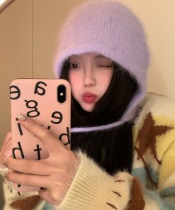 Korean Style Rabbit Fur Plush Pom-Pom Knitted Wool Hat for Women - Warm Autumn Winter Ear Protection & Versatile Fashion Accessory