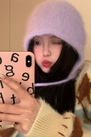 Korean Style Rabbit Fur Plush Pom-Pom Knitted Wool Hat for Women - Warm Autumn Winter Ear Protection & Versatile Fashion Accessory
