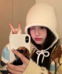 Korean Style Rabbit Fur Plush Pom-Pom Knitted Wool Hat for Women - Warm Autumn Winter Ear Protection & Versatile Fashion Accessory