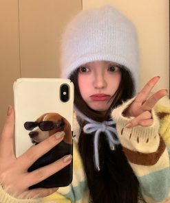 Korean Style Rabbit Fur Plush Pom-Pom Knitted Wool Hat for Women - Warm Autumn Winter Ear Protection & Versatile Fashion Accessory