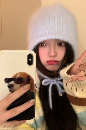 Korean Style Rabbit Fur Plush Pom-Pom Knitted Wool Hat for Women - Warm Autumn Winter Ear Protection & Versatile Fashion Accessory