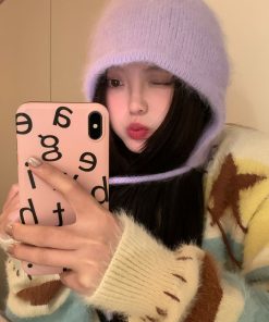 Korean Style Rabbit Fur Plush Pom-Pom Knitted Wool Hat for Women - Warm Autumn Winter Ear Protection & Versatile Fashion Accessory