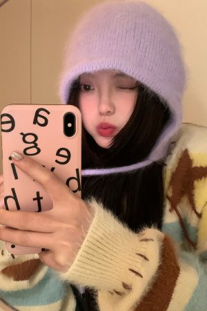 Korean Style Rabbit Fur Plush Pom-Pom Knitted Wool Hat for Women - Warm Autumn Winter Ear Protection & Versatile Fashion Accessory