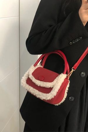 Korean Style Red Fur Bag - Versatile Small Square Handheld Crossbody Bag in Lamb Wool for Autumn and Winter Fashion