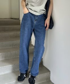 Korean Style Retro Blue Washed Denim Pants for Men - Loose Casual Straight Tapered Long Pants