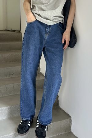 Korean Style Retro Blue Washed Denim Pants for Men - Loose Casual Straight Tapered Long Pants