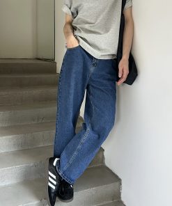 Korean Style Retro Blue Washed Denim Pants for Men - Loose Casual Straight Tapered Long Pants