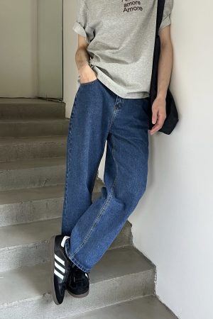Korean Style Retro Blue Washed Denim Pants for Men - Loose Casual Straight Tapered Long Pants