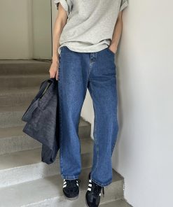 Korean Style Retro Blue Washed Denim Pants for Men - Loose Casual Straight Tapered Long Pants