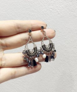 Korean Style Retro Diamond Metal Woven Water Drop Imitation Pearl Earrings Pendant Jewelry