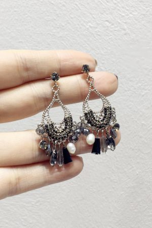 Korean Style Retro Diamond Metal Woven Water Drop Imitation Pearl Earrings Pendant Jewelry