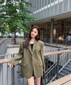 Korean Style Retro Houndstooth Wool Suit Jacket for Women - High-End Autumn Winter Short Coat