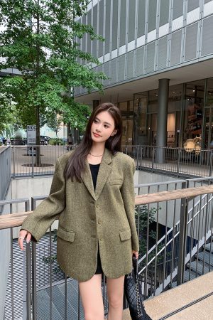 Korean Style Retro Houndstooth Wool Suit Jacket for Women - High-End Autumn Winter Short Coat