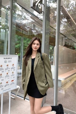 Korean Style Retro Houndstooth Wool Suit Jacket for Women - High-End Autumn Winter Short Coat